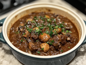 Enjoy this classic French beef stew with mushrooms, slow-cooked to tender perfection in a rich, savory sauce. A comforting and hearty meal.