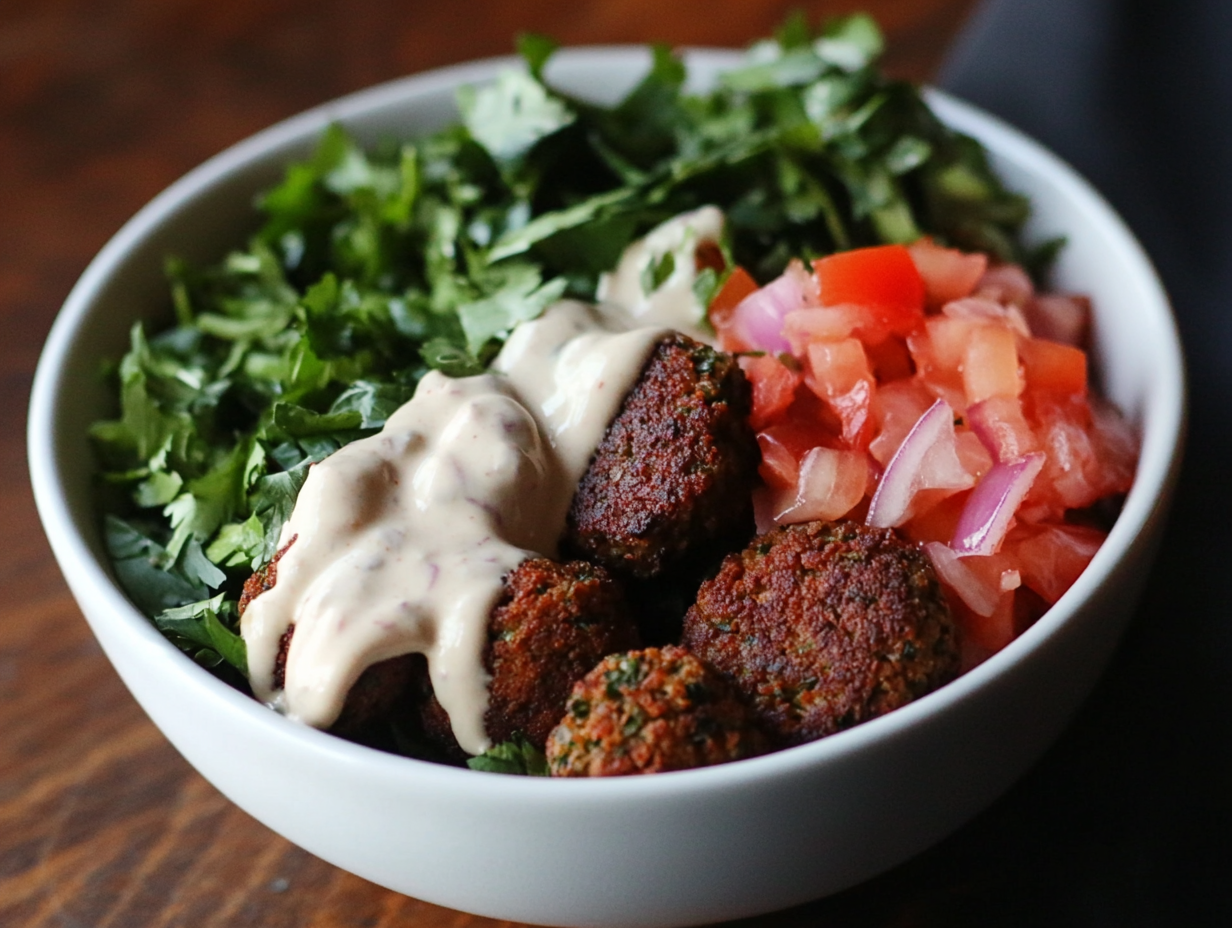 Try this falafel bowl with tahini sauce for a healthy, flavorful meal packed with plant-based protein and Mediterranean goodness.