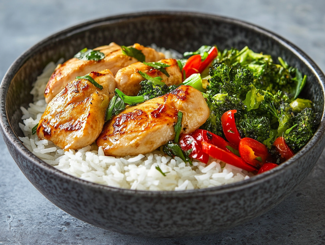 Krokante kip met rijst en groenten