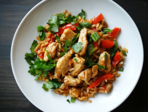 Krokante kip met rijst en groenten