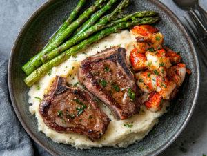 "Indulge in this gourmet dish: lamb chops served over buttery lobster mashed potatoes with tender asparagus. Perfect for a special occasion!"