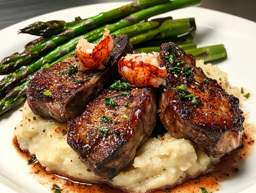 "Indulge in this gourmet dish: lamb chops served over buttery lobster mashed potatoes with tender asparagus. Perfect for a special occasion!"