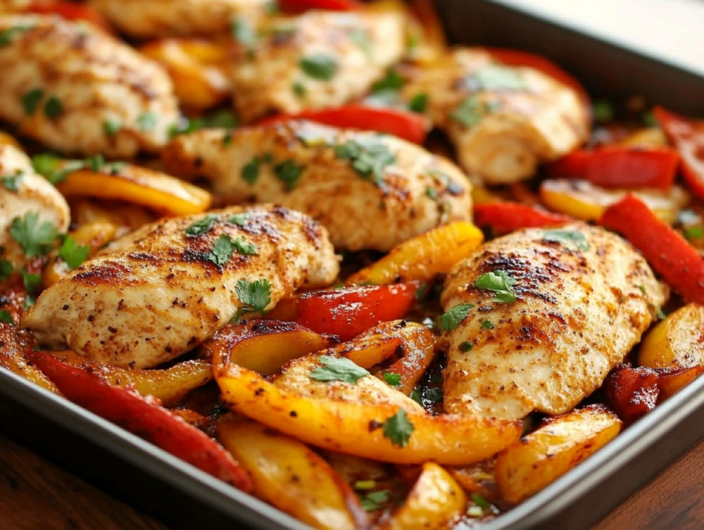 Quick and flavorful sheet pan chicken fajitas with juicy peppers and onions. Perfect for a weeknight dinner and ready in just 30 minutes!