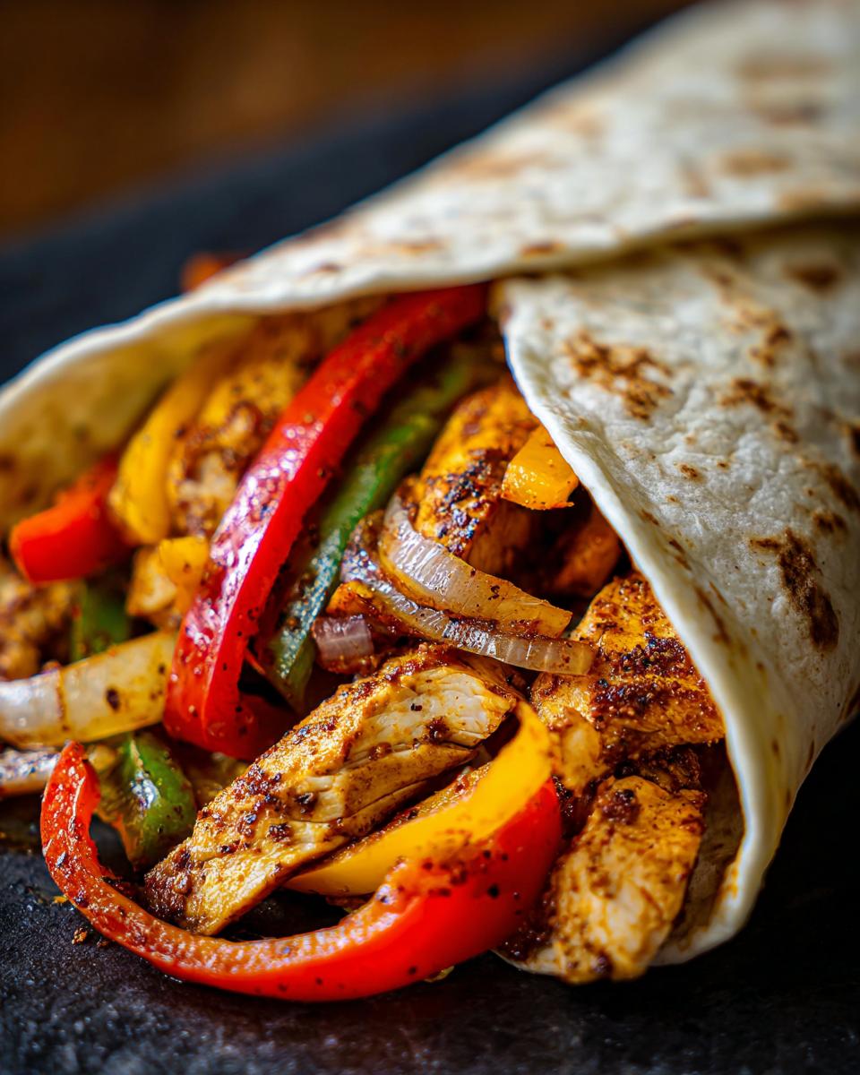 Close-up of a wrapped 20-Minute Sheet Pan Chicken Fajita with chicken, peppers, and onions.