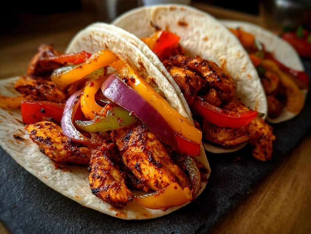 Close-up of three 20-Minute Sheet Pan Chicken Fajitas filled with chicken and colorful bell peppers.