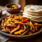 Close-up of delicious 20-Minute Sheet Pan Chicken Fajitas with colorful bell peppers and tortillas.