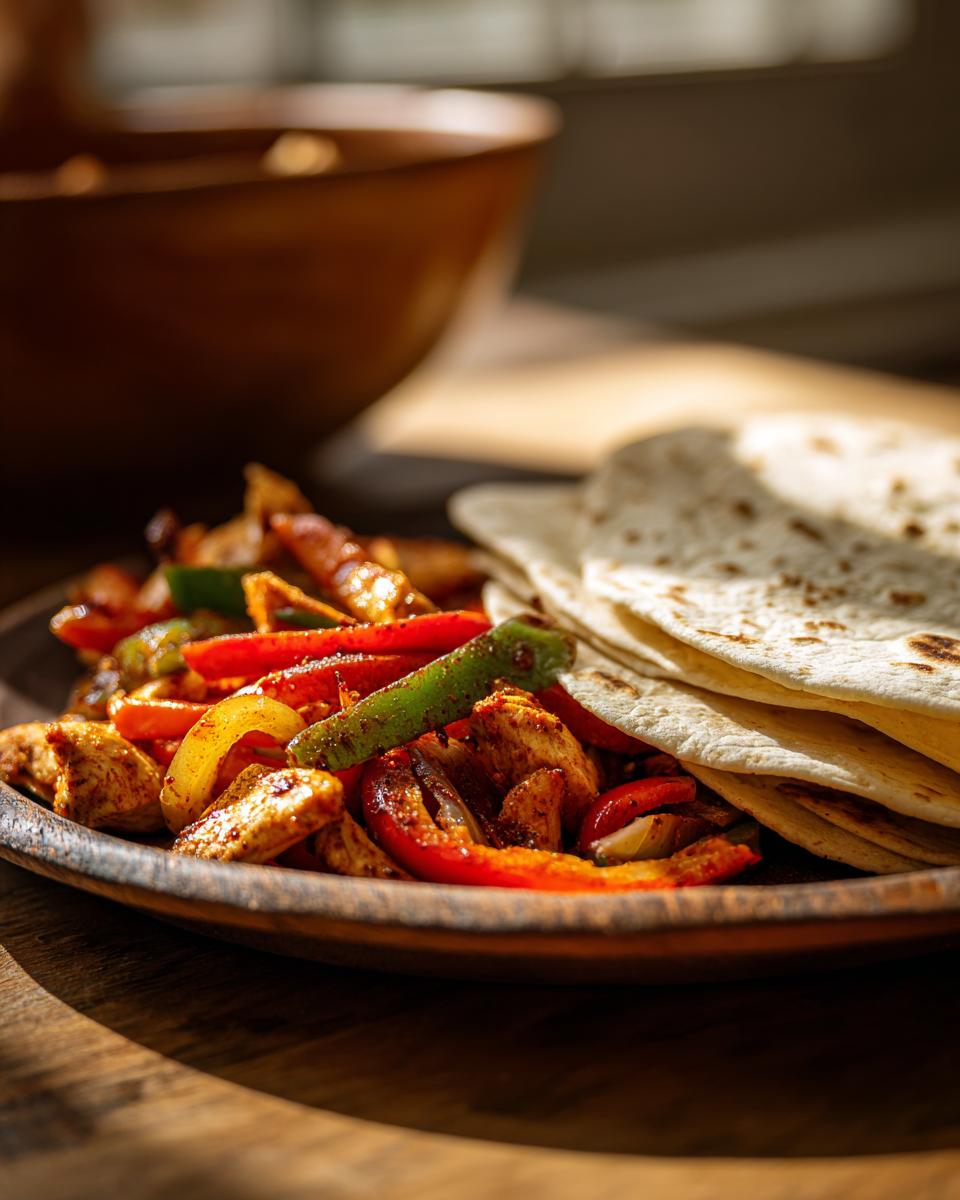 Close-up of 20-Minute Sheet Pan Chicken Fajitas with colorful bell peppers, chicken, and tortillas.