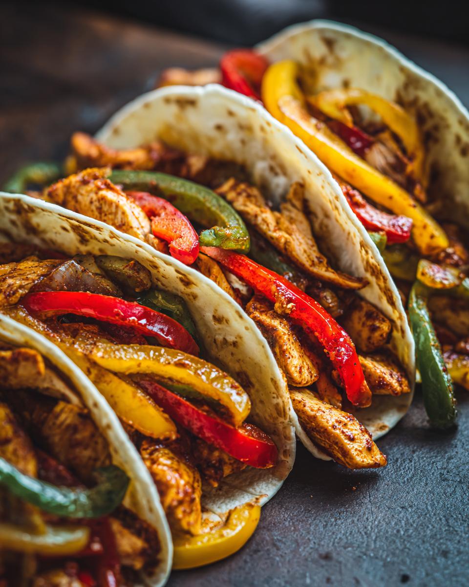 Close-up of 20-Minute Sheet Pan Chicken Fajitas in tortillas with chicken and colorful peppers.