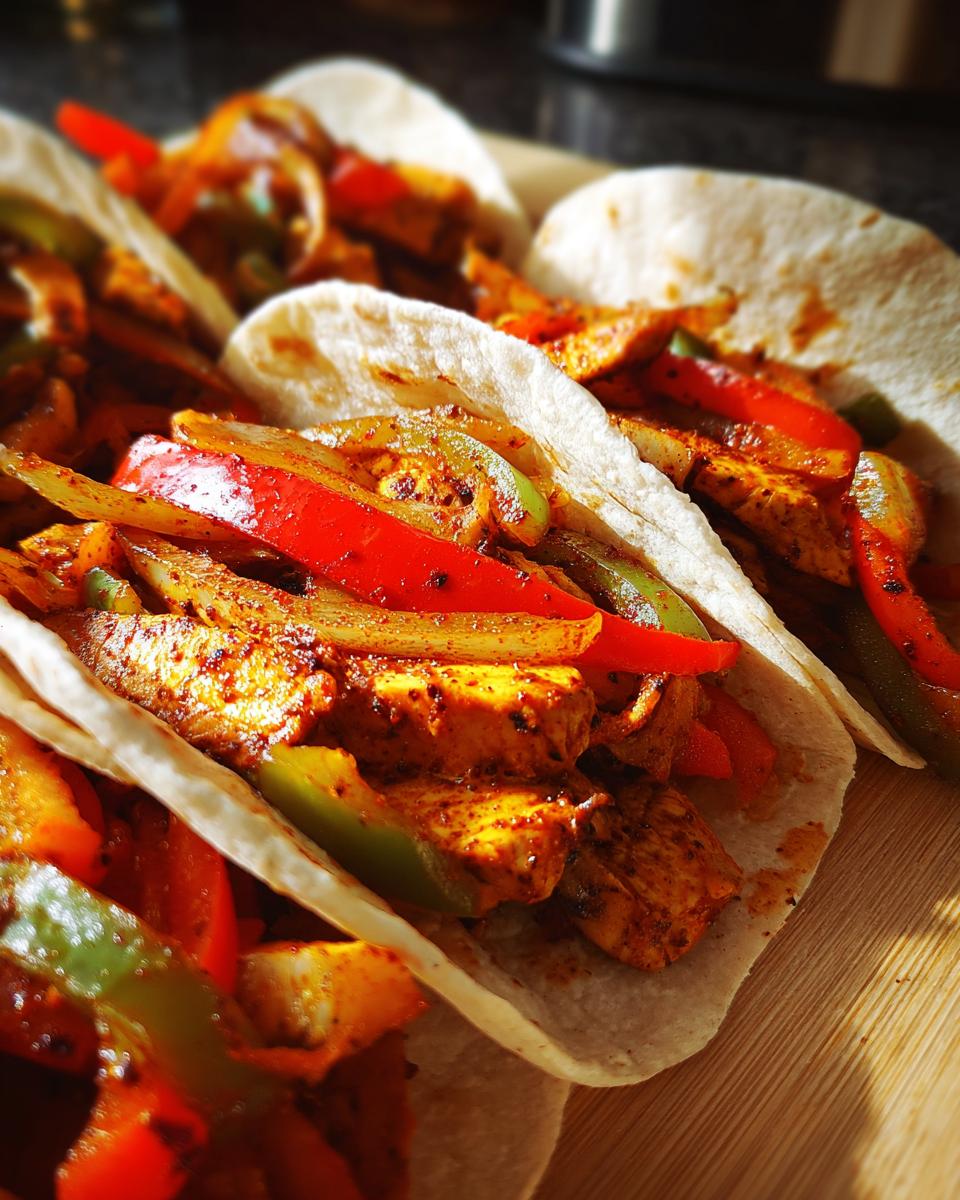 Close-up of 20-Minute Sheet Pan Chicken Fajitas filled with chicken and colorful peppers.