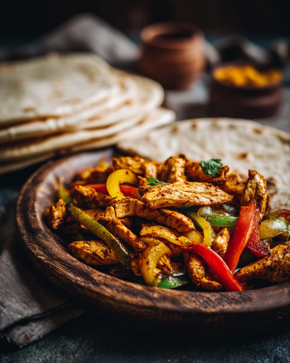 Close-up of 20-Minute Sheet Pan Chicken Fajitas with chicken, peppers, and tortillas.