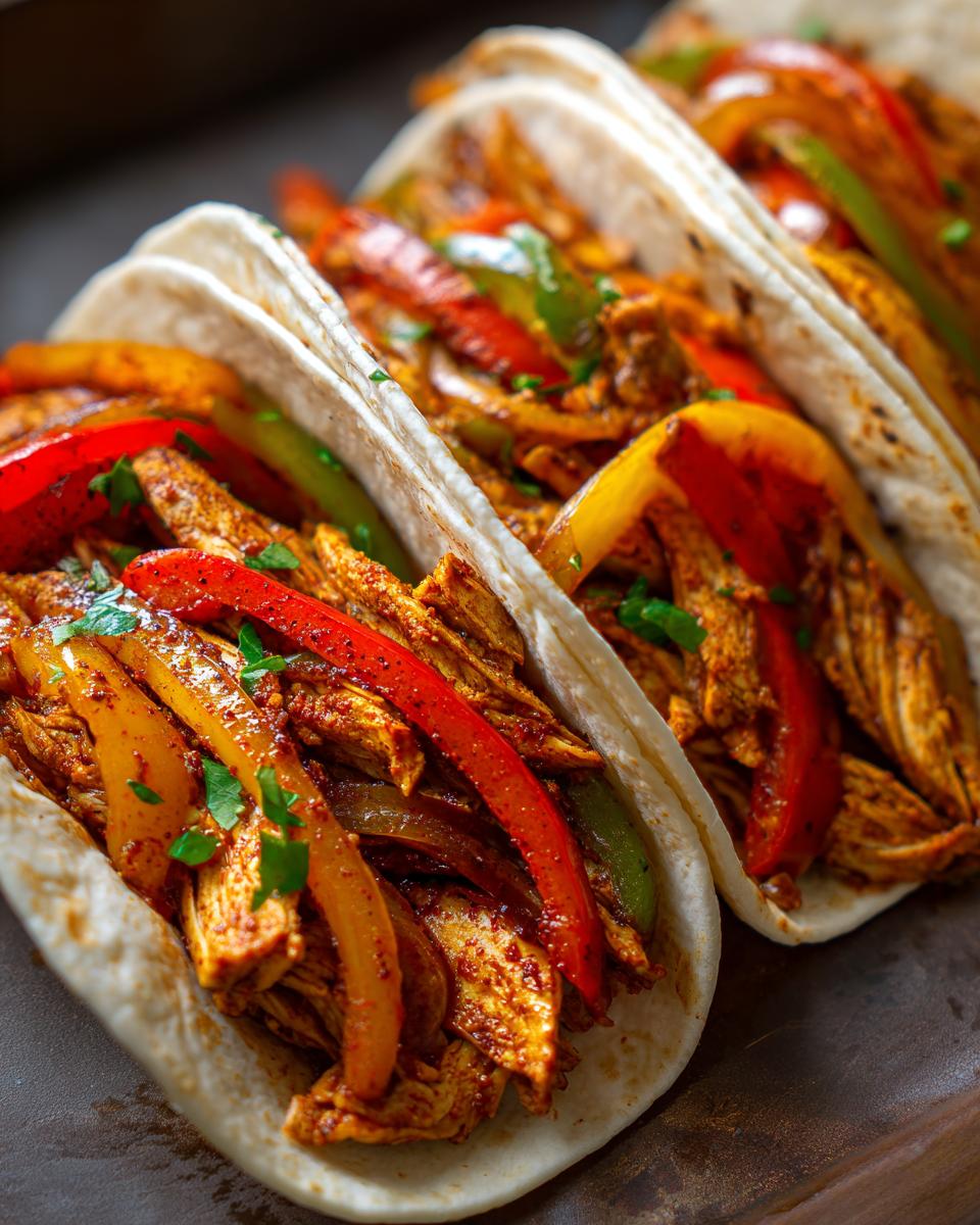 Close-up of delicious 20-Minute Sheet Pan Chicken Fajitas in tortillas with colorful bell peppers.
