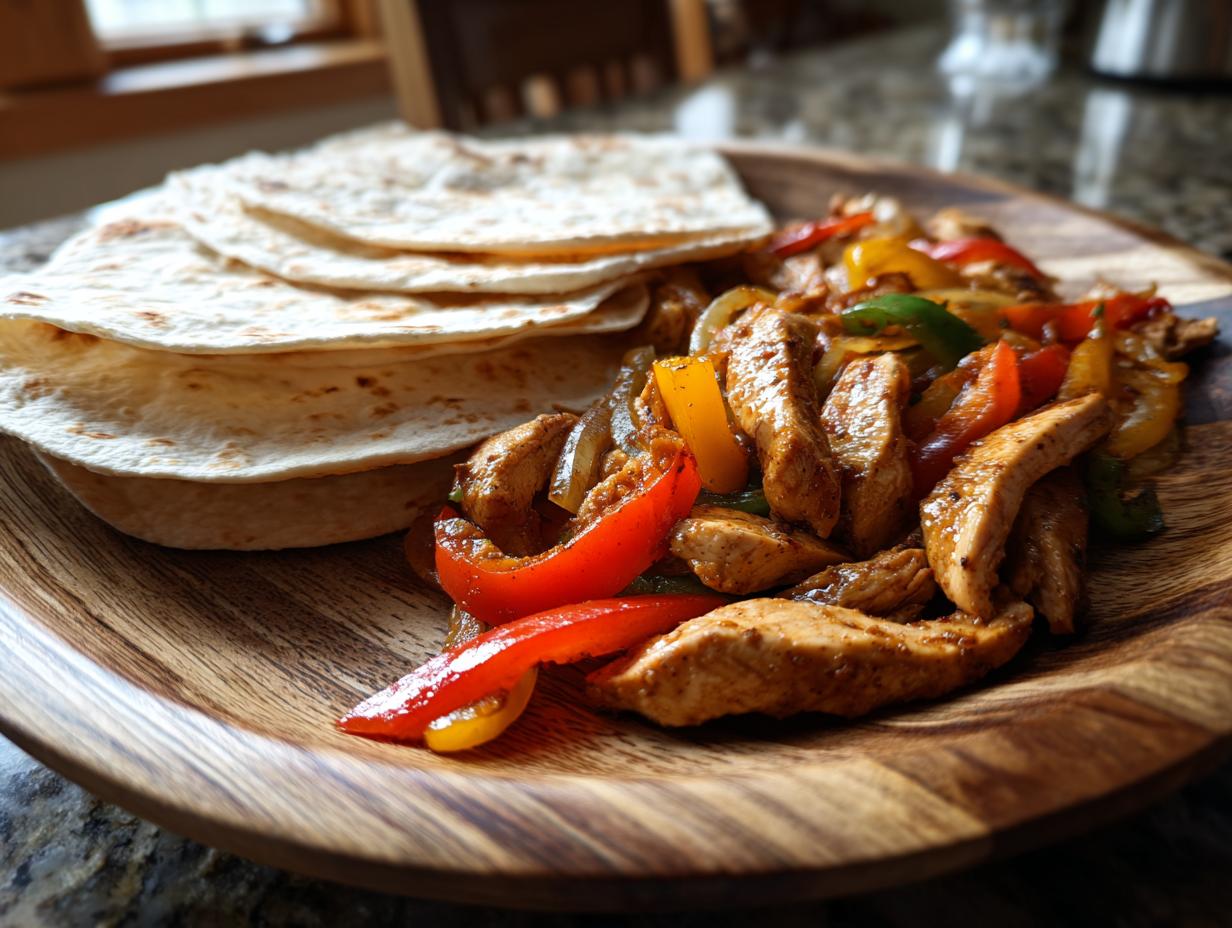 Close-up of 20-Minute Sheet Pan Chicken Fajitas with tortillas on a wooden plate.