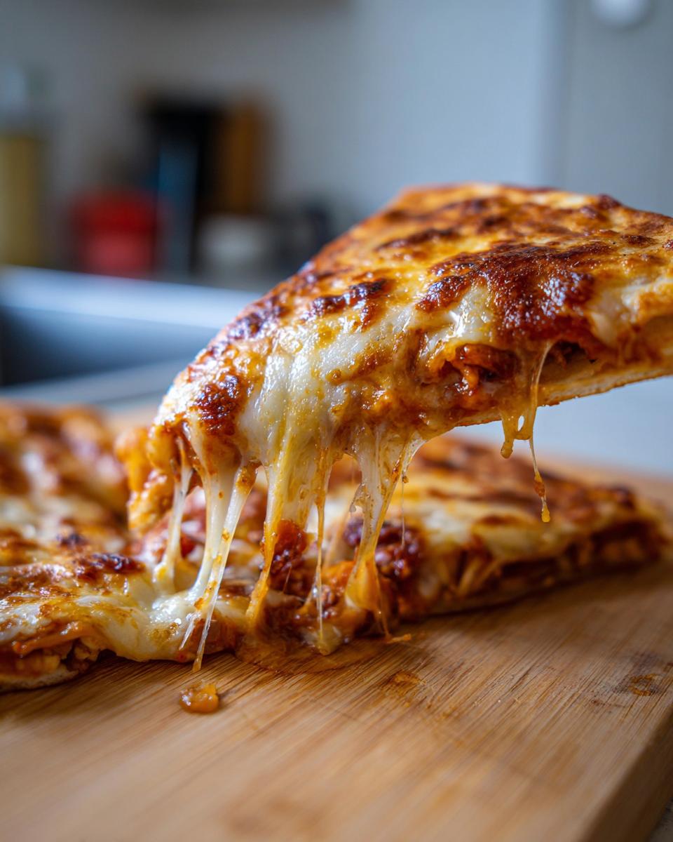 Close-up of a slice of 3-Ingredient BBQ Chicken Quesadilla with melted cheese, pulled up from the cutting board.