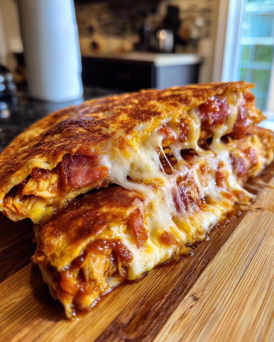 Close-up of a 3-Ingredient BBQ Chicken Quesadilla cut in half, showing melted cheese and filling.