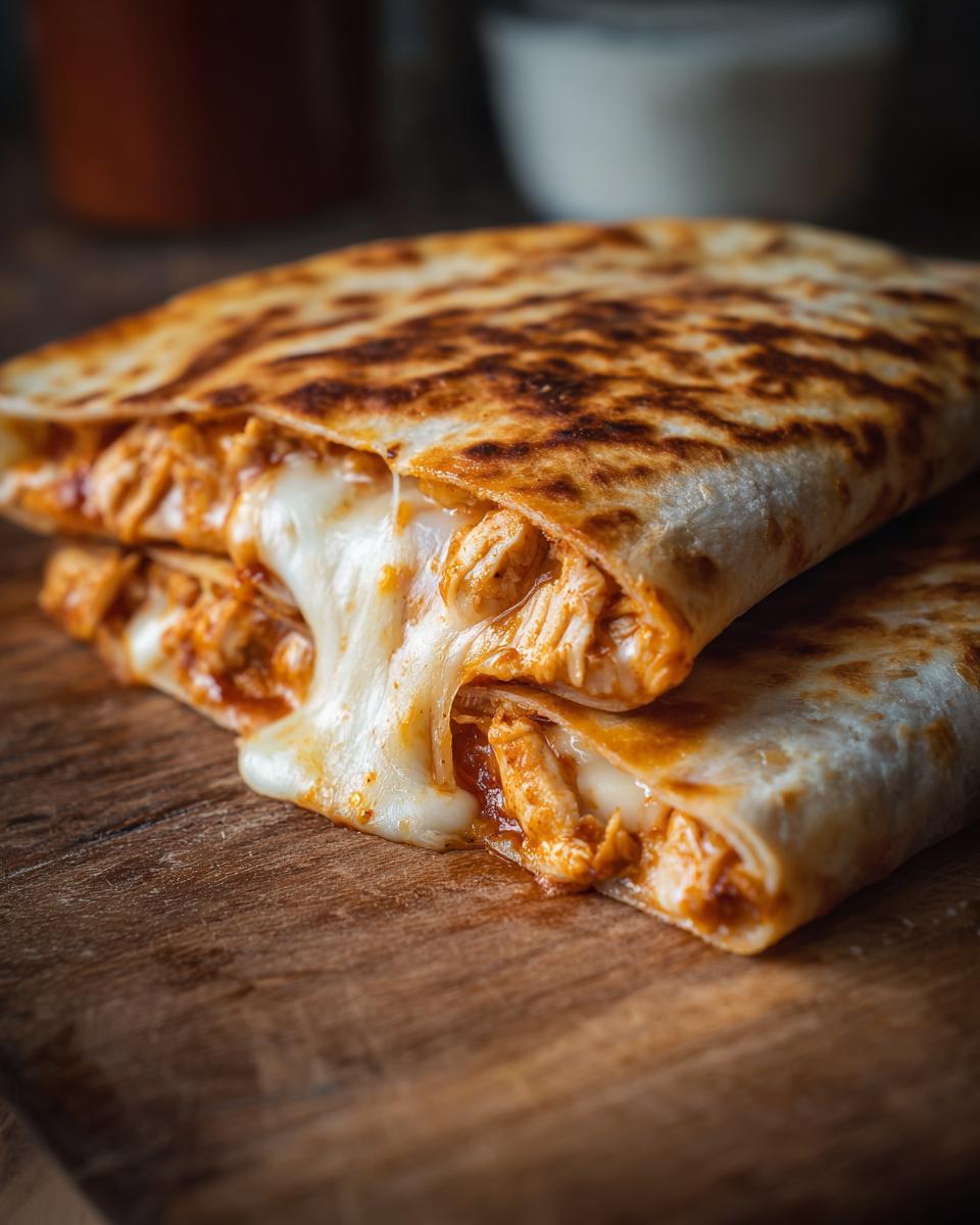Close-up of a 3-Ingredient BBQ Chicken Quesadilla with melted cheese and chicken.