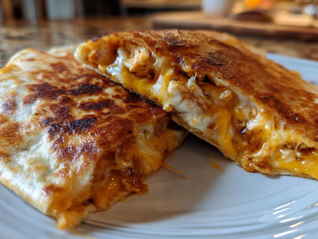 Close-up of a 3-Ingredient BBQ Chicken Quesadilla, cut open to show the filling.