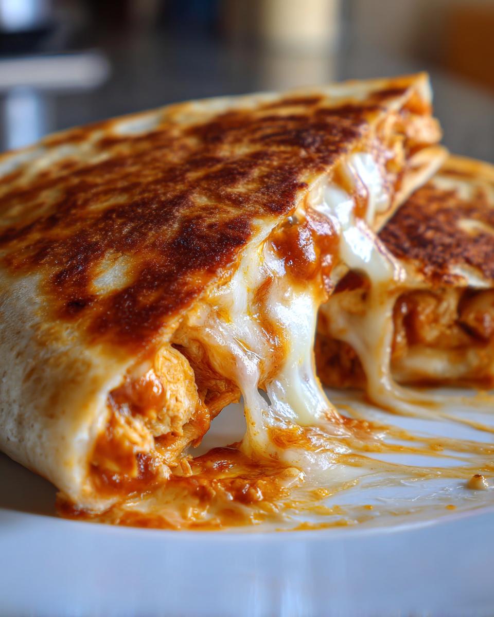 Close-up of a slice of 3-Ingredient BBQ Chicken Quesadilla with melted cheese and chicken.