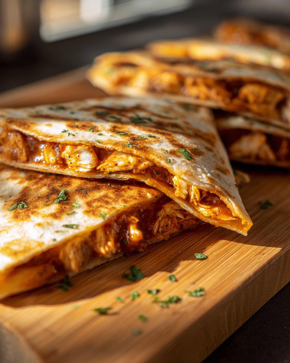 Close-up of sliced 3-Ingredient BBQ Chicken Quesadillas on a wooden board, showing the filling.