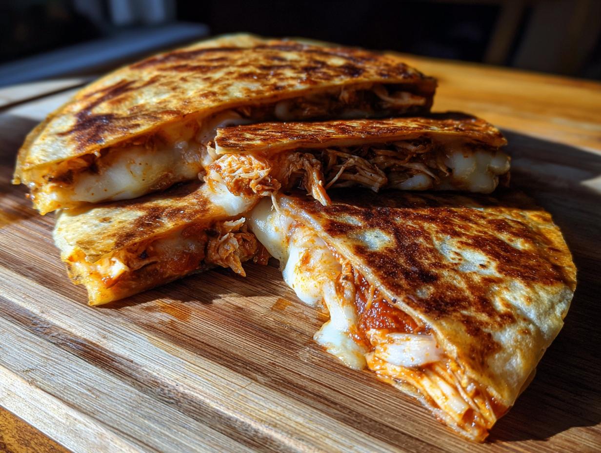 Close-up of sliced 3-Ingredient BBQ Chicken Quesadillas, showing melted cheese and chicken filling.