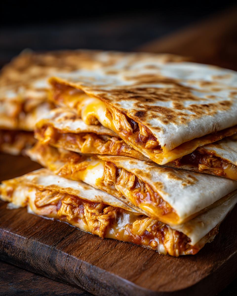 Close-up of stacked 3-Ingredient BBQ Chicken Quesadillas, showing melted cheese and chicken filling.