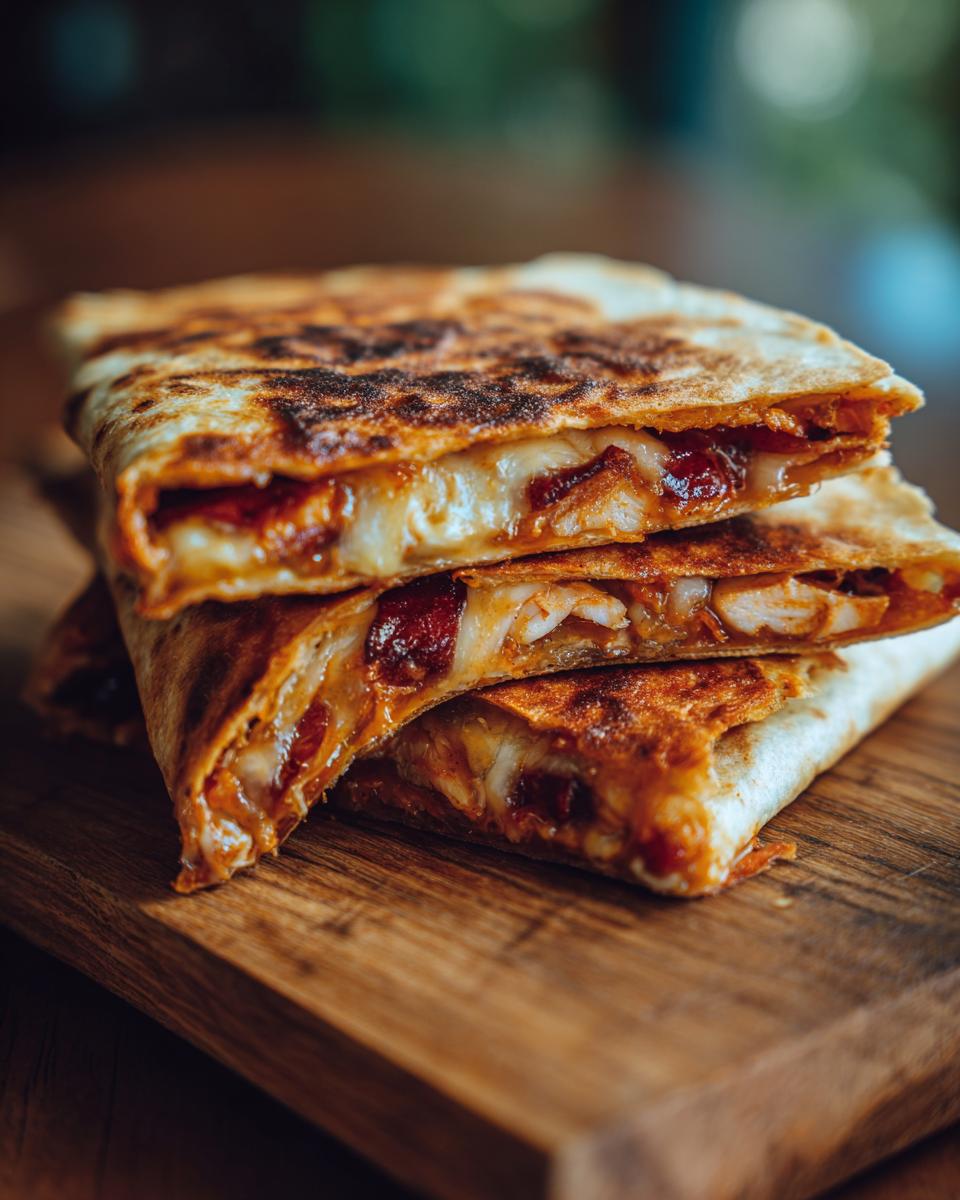 Close-up of stacked 3-Ingredient BBQ Chicken Quesadillas on a wooden board, showing melted cheese and chicken.