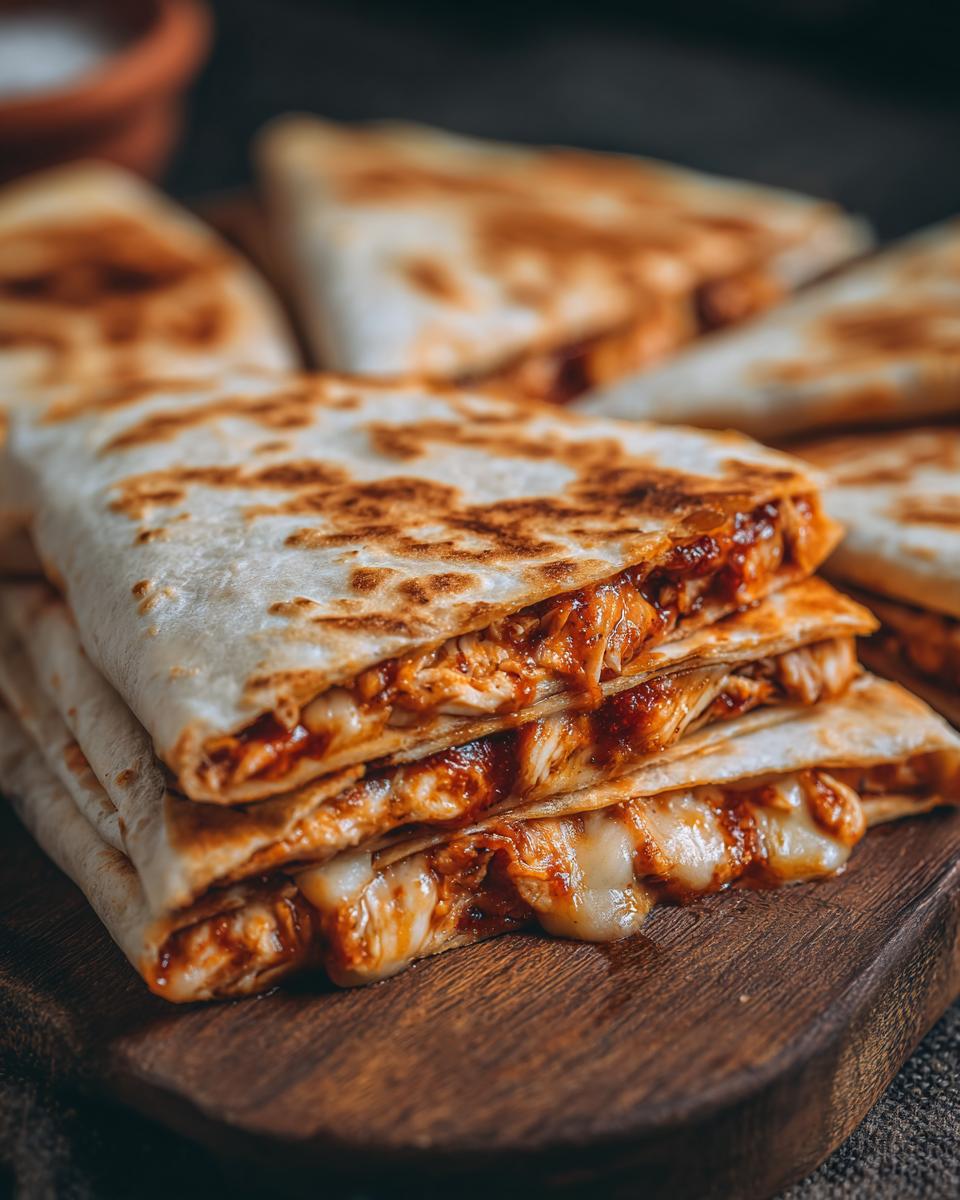 Close-up of a stack of 3-Ingredient BBQ Chicken Quesadillas, showing melted cheese and filling.