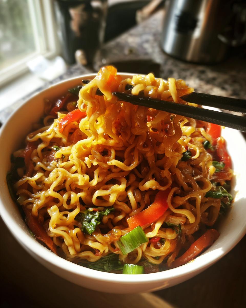 Close-up of a bowl of 3-Ingredient Ramen Stir-Fry with chopsticks lifting noodles. Includes vegetables.
