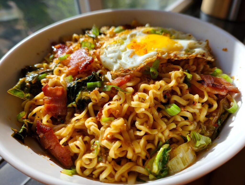 Close-up of a bowl of 3-ingredient ramen stir-fry with egg, bacon, and green onions.