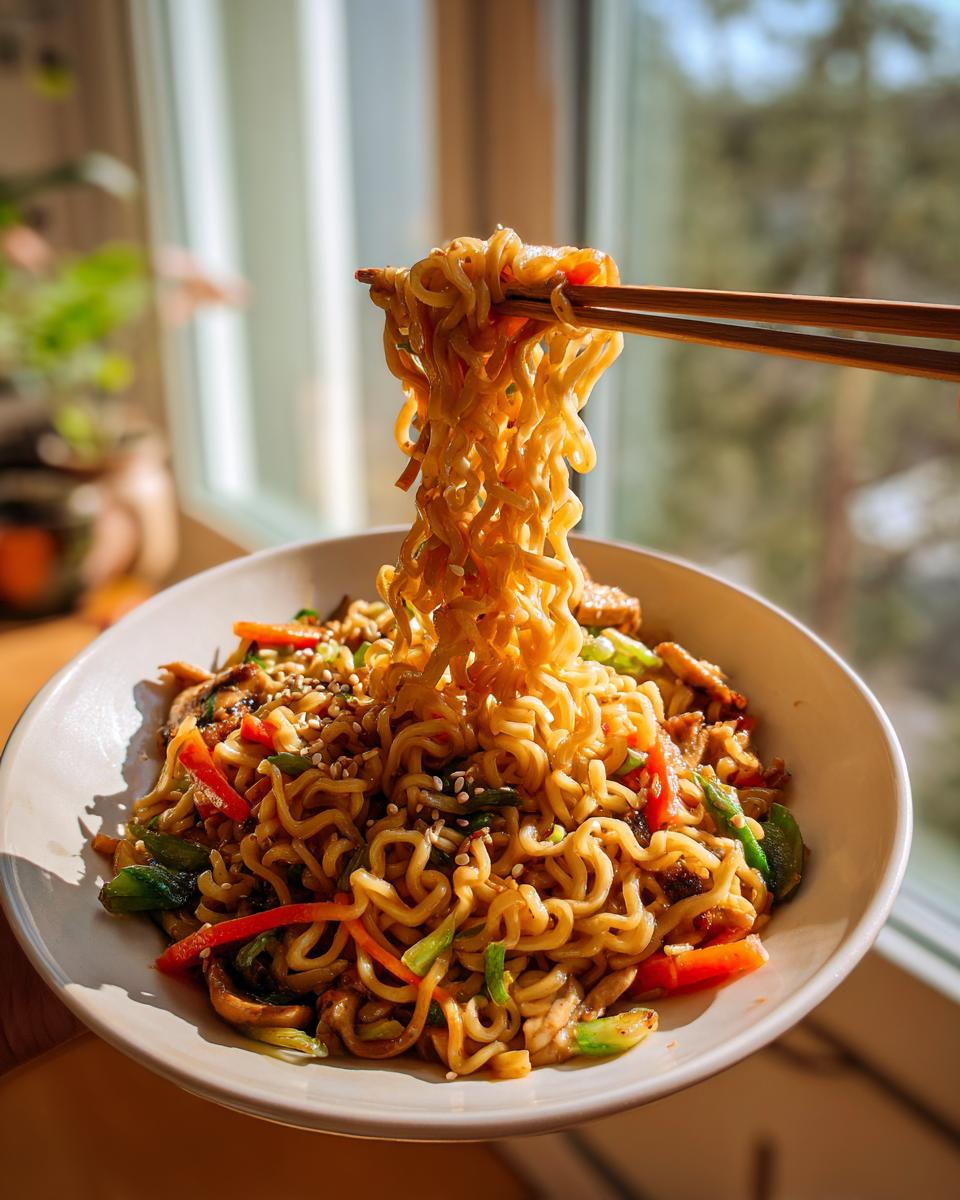 Close-up of 3-Ingredient Ramen Stir-Fry with noodles being lifted by chopsticks, showing the delicious dish.