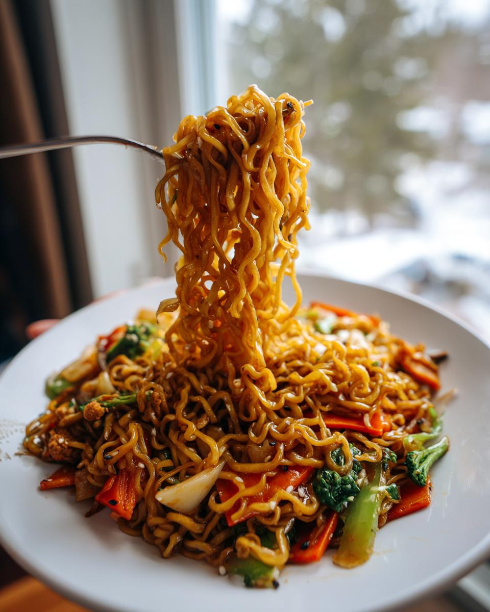 Close-up of a plate of 3-Ingredient Ramen Stir-Fry with noodles and vegetables.