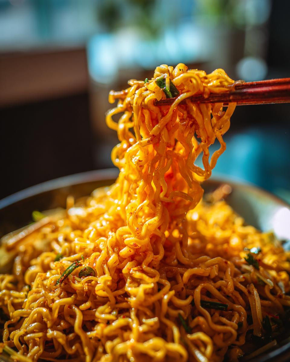 Close-up of 3-Ingredient Ramen Stir-Fry noodles being lifted with chopsticks.