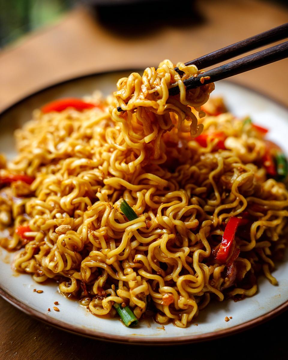 Close-up of 3-Ingredient Ramen Stir-Fry on a plate, with chopsticks picking up noodles.