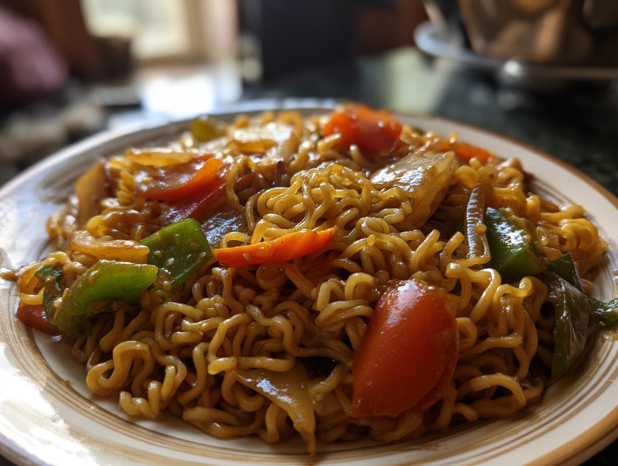 Close-up of a plate of 3-ingredient ramen stir-fry with vegetables, showing the deliciousness of the dish.