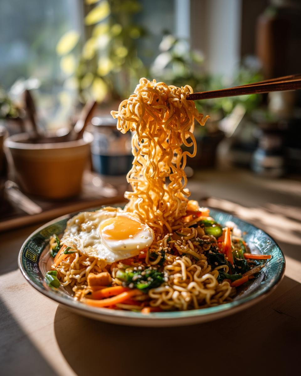 A plate of 3-Ingredient Ramen Stir-Fry with a fried egg and vegetables.