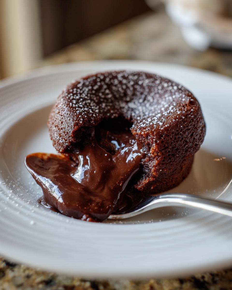 Close-up of a 4-Ingredient Nutella Lava Cake with molten chocolate oozing out onto a spoon.