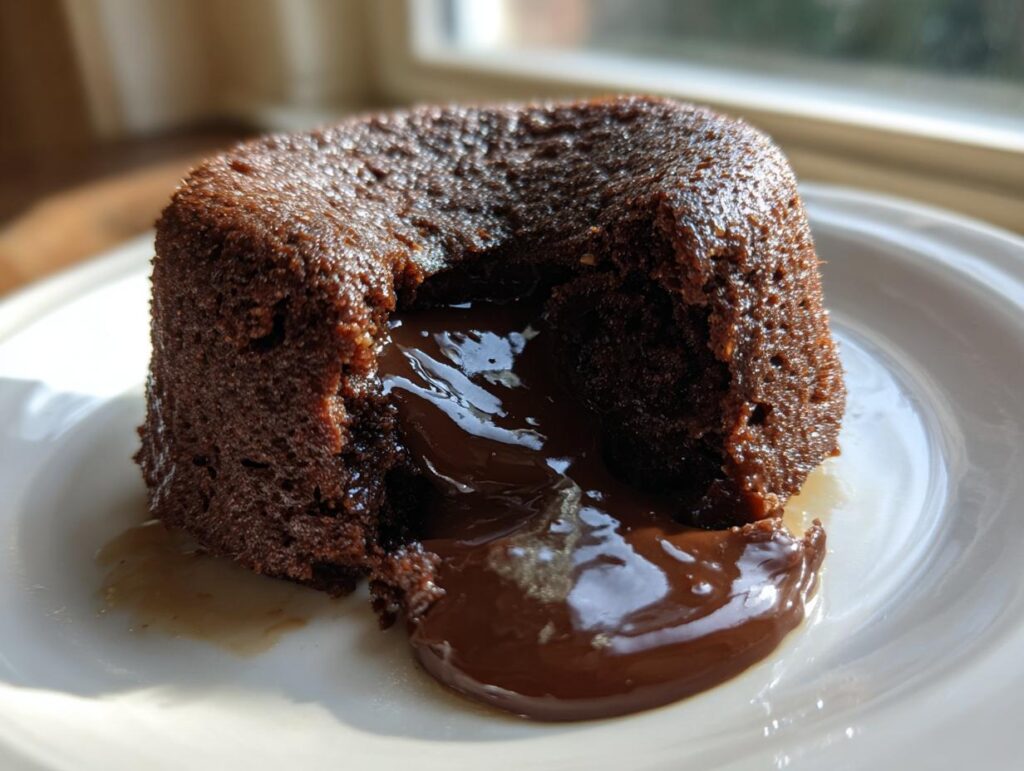Close-up of a 4-Ingredient Nutella Lava Cake with molten chocolate oozing out, served on a white plate.