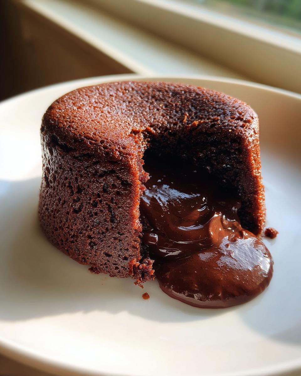 Close-up of a 4-Ingredient Nutella Lava Cake with molten chocolate center on a white plate.