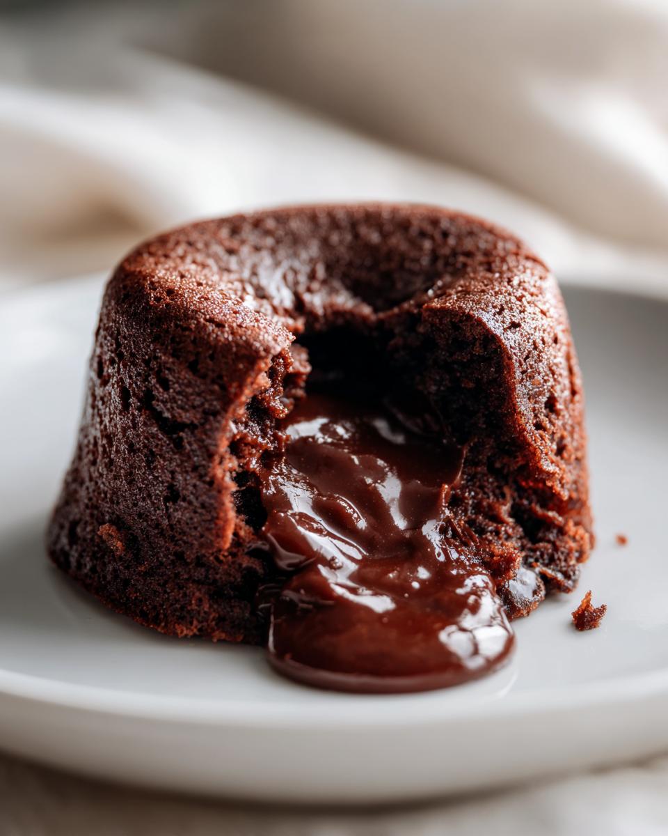 Close-up of a 4-Ingredient Nutella Lava Cake with flowing chocolate on a white plate.