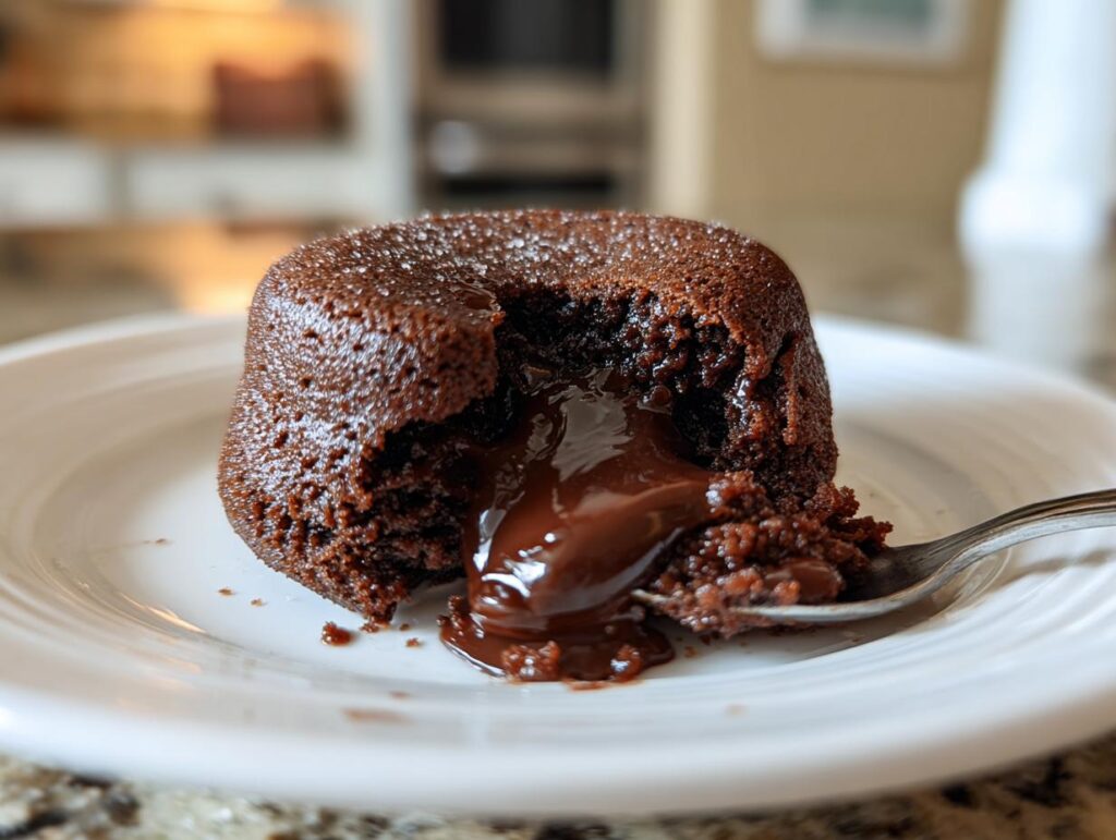 Close-up of a 4-Ingredient Nutella Lava Cake with molten chocolate center on a white plate.