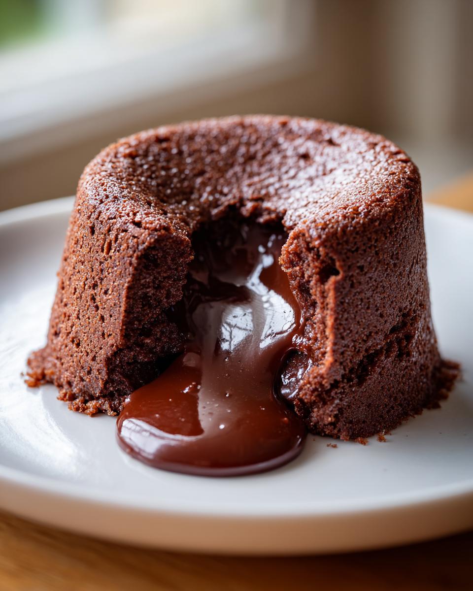 Close-up of a 4-Ingredient Nutella Lava Cake with molten chocolate center on a white plate.