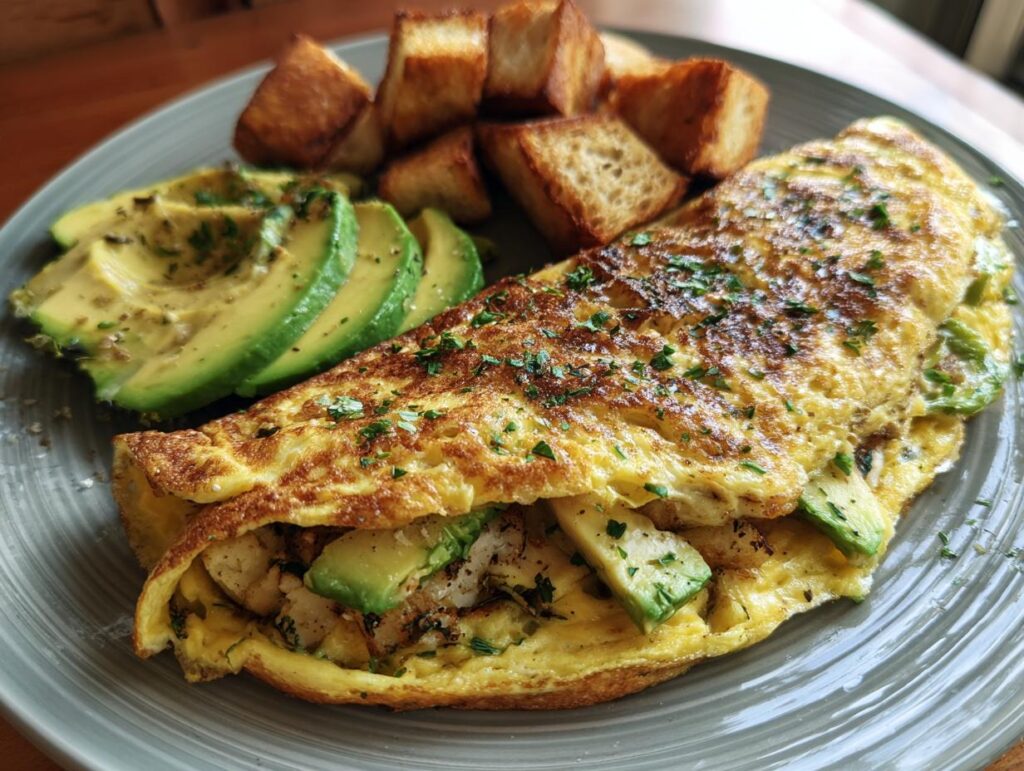 A plated 5-Ingredient Avocado Toast Omelette with avocado slices and toast.