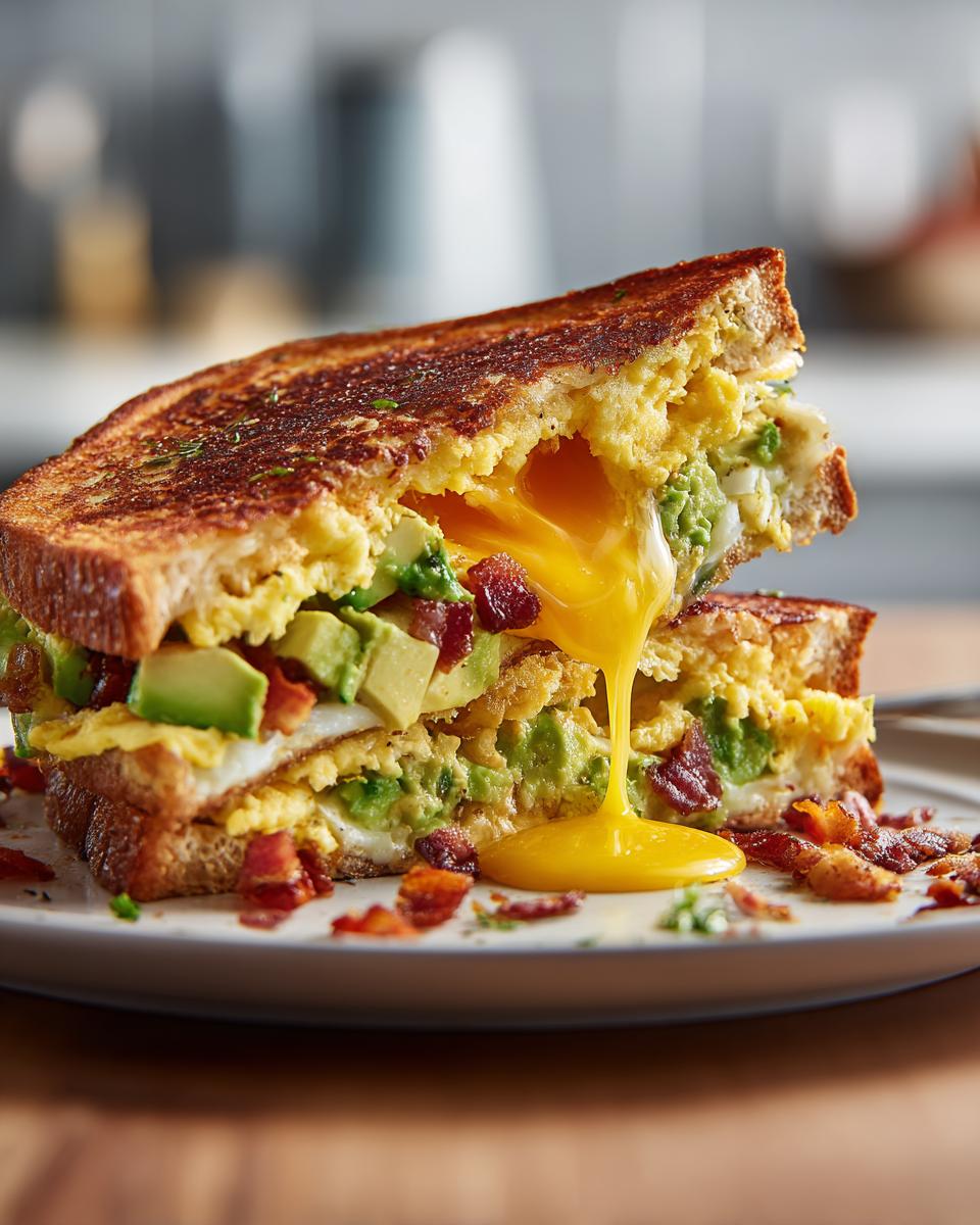 Close-up of a 5-Ingredient Avocado Toast Omelette with runny egg yolk, avocado, and bacon.