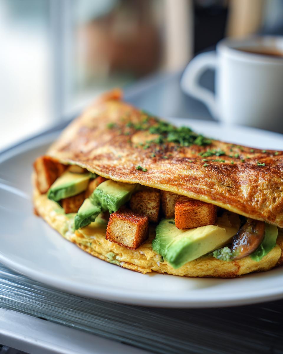 Close-up of a 5-Ingredient Avocado Toast Omelette on a white plate, with avocado and croutons.