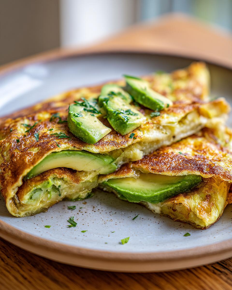 Close-up of a 5-Ingredient Avocado Toast Omelette, sliced and plated.