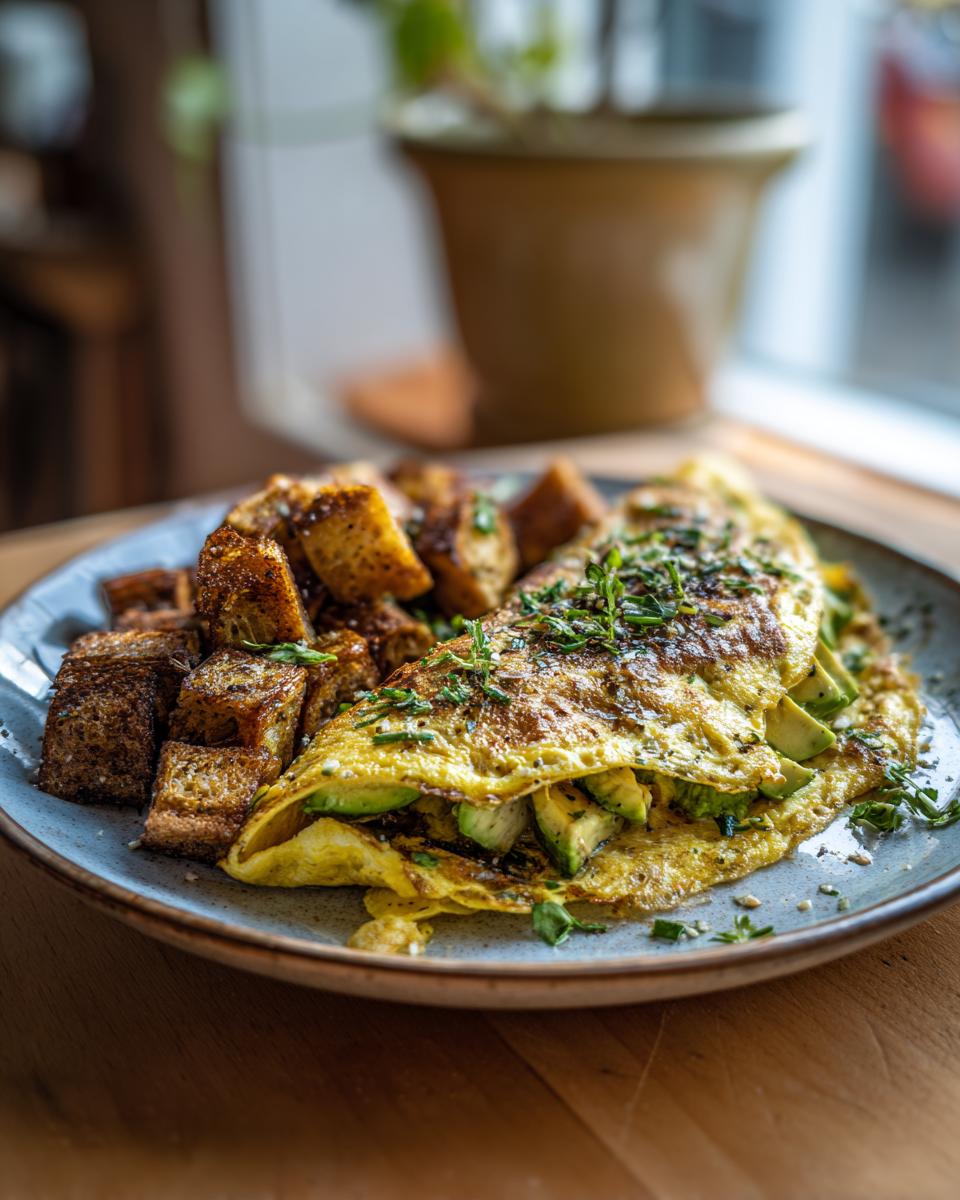 A plated 5-Ingredient Avocado Toast Omelette with avocado slices and toast.