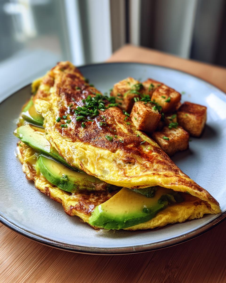 A plated 5-Ingredient Avocado Toast Omelette with avocado slices and side of fried tofu.
