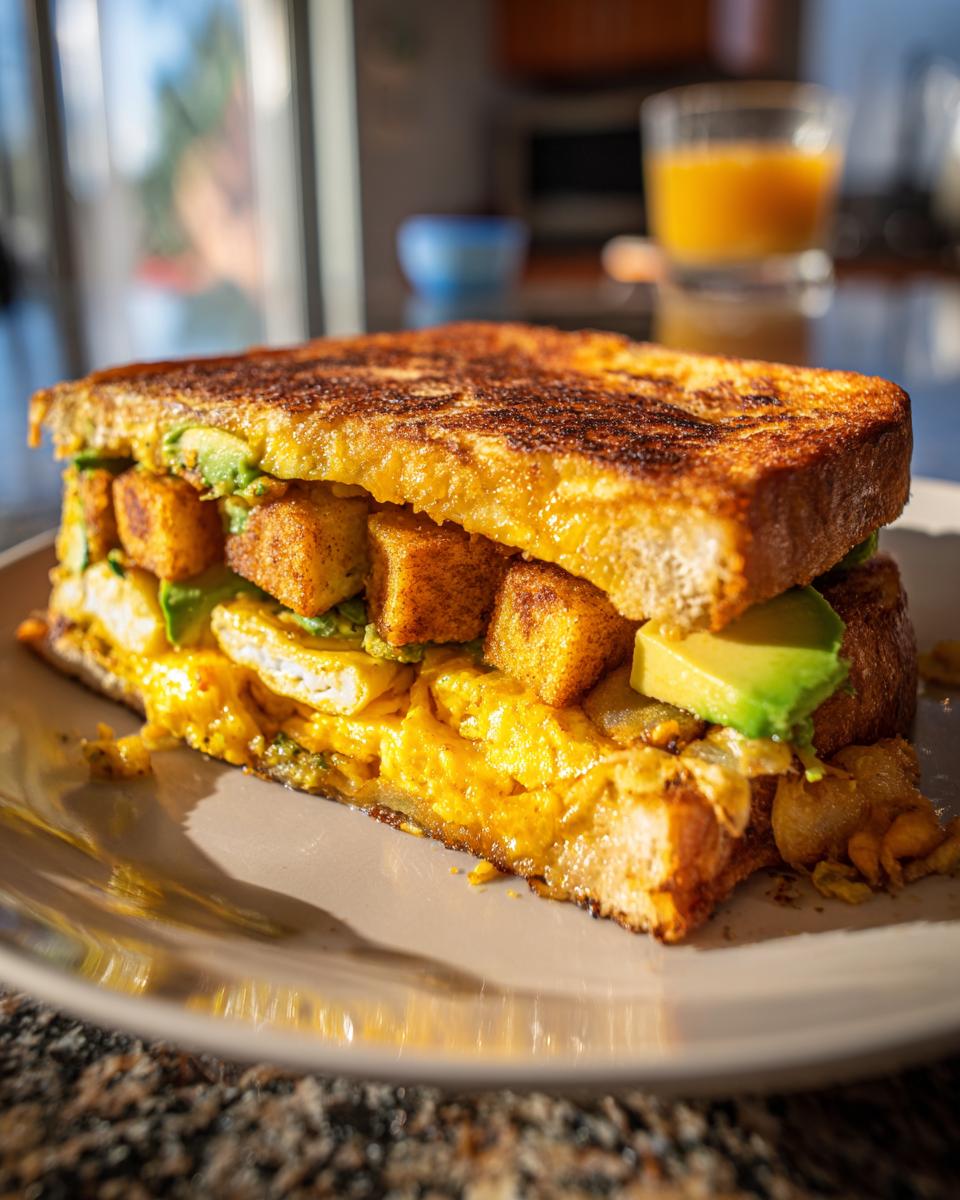 Close-up of a 5-Ingredient Avocado Toast Omelette sandwich on a plate with avocado, eggs, and toast.