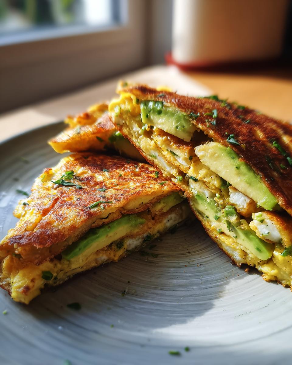 Close-up of a sliced 5-Ingredient Avocado Toast Omelette, showing layers of egg and avocado.