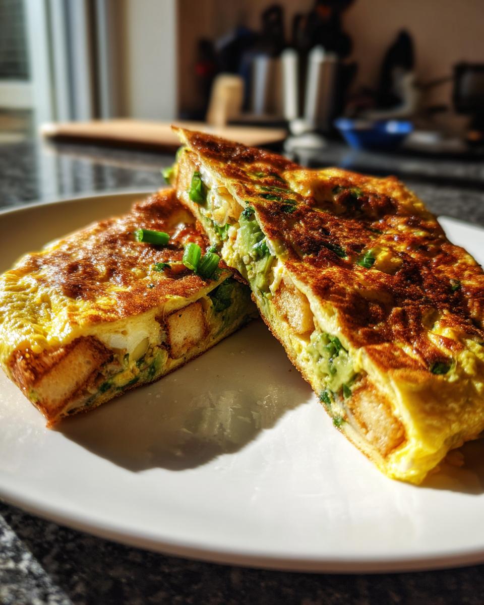 Close-up of a 5-Ingredient Avocado Toast Omelette cut in half, showing the filling.