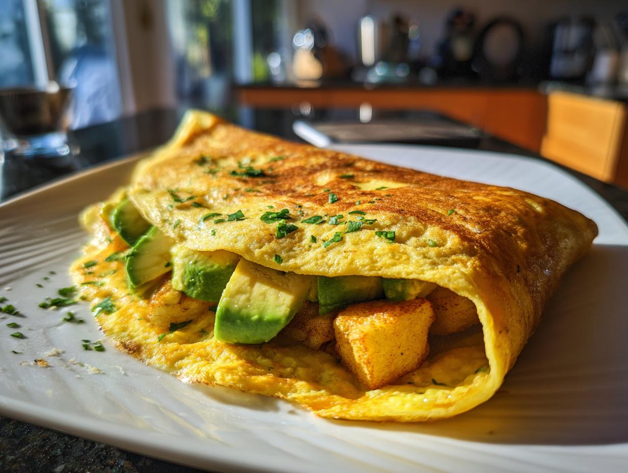 Close-up of a 5-Ingredient Avocado Toast Omelette filled with avocado and herbs on a white plate.